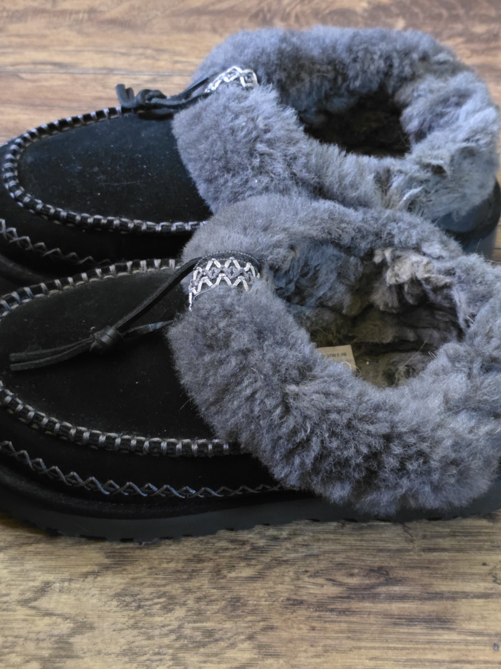 UGG Black Suede Moccasin Slippers with Gray Shearling Cuff - Picture 8 of 11